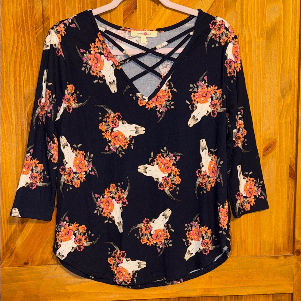 Wishful Park V-Neck Top with Floral Skull Print